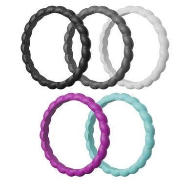 Imagem de Lxskeek Aliança de casamento de silicone para mulheres, alianças de casamento de borracha trançadas finas e empilháveis, não tóxicas, seguras para a pele, pacote variado de 1/4/5/6/7/8, 5.5-6(19.43mm