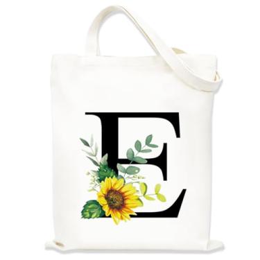 Imagem de Sacolas de lona estampadas para mulheres, sacolas de compras de lona, sacola de compras reutilizável para viagens, compras, trabalho, academia - Letra E