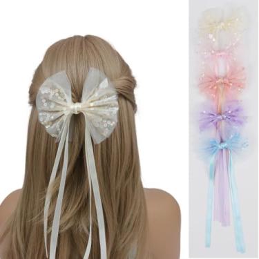 Imagem de 5 peças de laços de cabelo com cauda longa clipes de pelicano de metal com malha e laços de margarida para mulheres meninas adolescentes crianças (azul-marfim-roxo-rosa-coral)