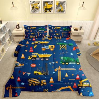 Imagem de jejeloiu Conjunto de edredom casal com estampa de caminhões, escavadeira, carros, para crianças, meninos, meninas, escavadeira, veículos de construção, quarto, 3 peças com 2 fronhas