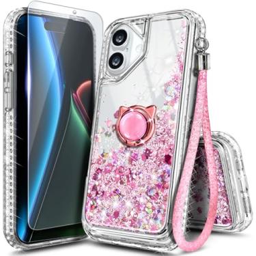 Imagem de Capa NGB projetada para iPhone 17, ouro rosa | Capa de telefone fofa com glitter líquido brilhante para mulheres e crianças | com protetor de tela de vidro temperado, suporte de anel e cordão de pulso