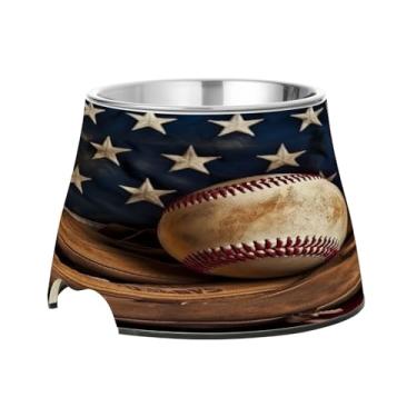 Imagem de Blueangle Tigelas elevadas para cães com aço inoxidável – Prato antiderrapante de 2,3 xícaras para animais de estimação de alta capacidade para saúde da coluna e design vintage de taco de beisebol