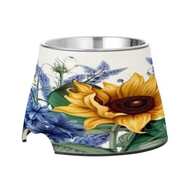 Imagem de Blueangle Tigelas elevadas para cães com aço inoxidável - Prato antiderrapante de 2,3 xícaras para animais de estimação de alta capacidade para saúde da coluna e design de girassóis e bluebells (415)