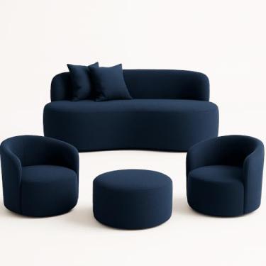 Imagem de Conjunto 02 Poltronas + Sofá e Puff Curvo Orgânico Nature Gaia Boucle Azul Marinho - Montanaris Decor