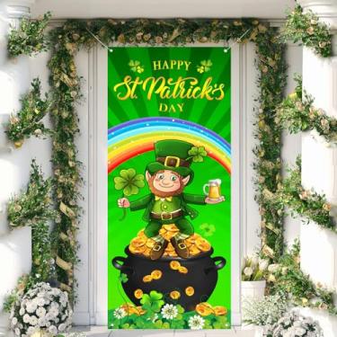 Imagem de Capa de porta feliz dia de São Patrício, decoração de porta de trevo de Dia de São Patrício, pote de moedas de ouro de fada, decoração de banner, decoração de festa ao ar livre e interior (75 x 180