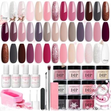 Imagem de AZUREBEAUTY Kit de unhas com 31 peças de pó para iniciantes 20 cores claro rosa e marrom glitter todas as estações acrílico em pó líquido com ativador de camada superior/base para arte de unhas
