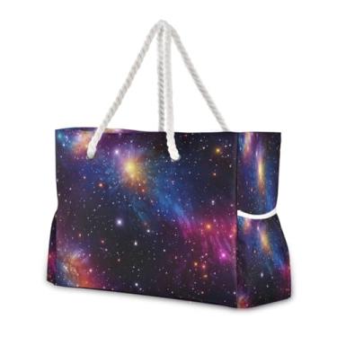 Imagem de Wassud Bolsa de praia colorida, céu estrelado, grande, bolsa de praia para mulheres, impermeável, à prova de areia, bolsa de viagem com zíper e bolso para piscina, academia, acampamento