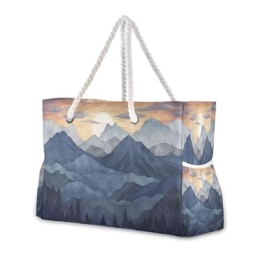 Imagem de Wassud Bolsa de praia grande para mulheres, montanhas contínuas, impermeável, à prova de areia, bolsa de viagem com zíper e bolso para piscina, academia, acampamento