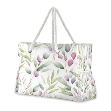 Imagem de Wassud Bolsa de praia com folhas verdes claras grandes para mulheres, impermeável, à prova de areia, bolsa de viagem com zíper e bolso para piscina, academia, acampamento