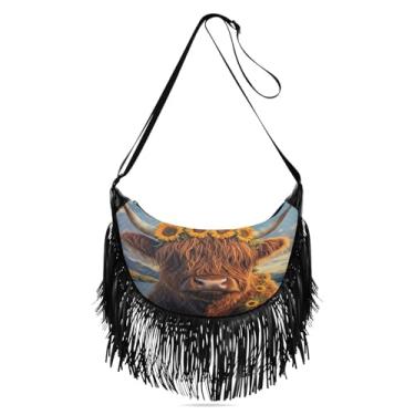 Imagem de CEBUGI Bolsa tiracolo feminina com franjas, borla, vaca Highland, girassóis, Hobo, bolsa tiracolo com alças ajustáveis