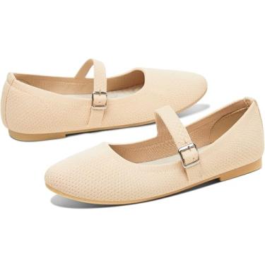 Imagem de Sapatilha feminina de malha Mary Jane da AISFAES com alça de malha respirável, bico redondo macio, lavável, sapatilha, estilosa, casual, para negócios, Bege, 38