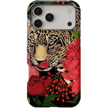 Imagem de FXFOOT Capa para iPhone 17, capa de proteção premium de camada dupla antiarranhões à prova de choque, bordas elevadas para câmera e tela, estampa de padrão HD vívido, jaguar peônia da selva