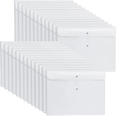 Imagem de WORPSON Envelopes expansíveis de plástico, pastas de documentos, para letra A4, com fecho de cordão - Expansão de 3,5 cm - para escola, escritório e casa (branco, horizontal)