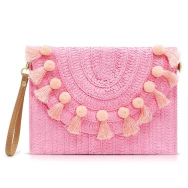 Imagem de QTKJ Bolsa transversal de palha para mulheres, bolsas clutch rosa, bolsas de tecido boêmio feitas à mão, carteira envelope, bolsa de praia de verão com borlas, rosa, One Size