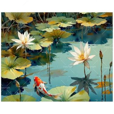 Imagem de TAOPAOLAB Kit de pintura aquática por números para adultos - DIY Koi Fish com nenúfares pintura em tela 40 x 50 cm, conjunto de tinta acrílica, adequado para iniciantes, arte para decoração de casa ou
