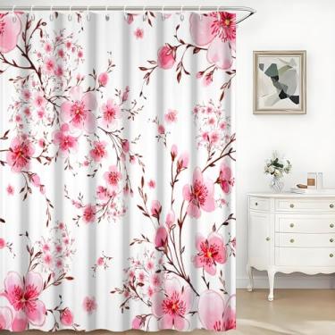 Imagem de TTQYFNM Cortina de chuveiro flor de cerejeira aquarela rosa ramo japonês asiático estética cortina de chuveiro para banheiro decoração de casa tecido impermeável cortinas de banheira conjunto com