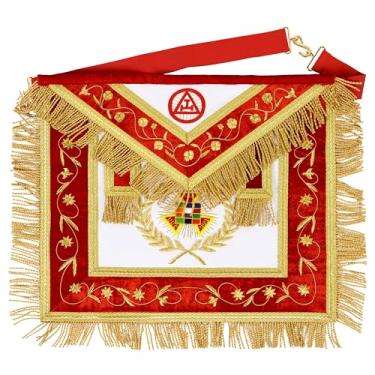 Imagem de MASONIC HUB Avental feito à mão com arco real de pele de cordeiro PHP Past Sumo Sacerdote – Emblema dourado bordado à mão, bordas de veludo vermelho e cinto ajustável – Regalia maçônica premium