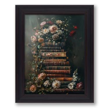 Imagem de Dark Academia Book Canvas Wall Art Vintage Moody Floral Estético Poster Rústico Cottagecore Pintura a óleo de flores silvestres para galeria Biblioteca Decoração de parede 20 x 25 cm Vintage