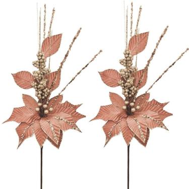 Imagem de Kit 2 Galhos Natal Flor Bico De Papagaio Veludo Rosa Texturizado Luxo 30cm - Magizi