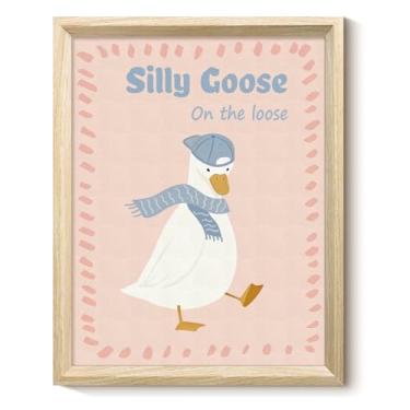 Imagem de VIYYIEA Arte de parede emoldurada de textura de madeira Silly Goose's Leisurely Journey, peça de decoração de casa divertida e adorável adequada para sala de estar, estudo e cozinha 35,5 x 28 cm