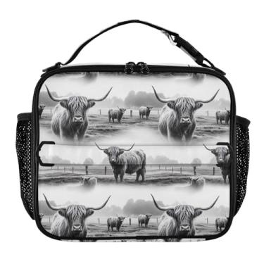 Imagem de Joisal Highland Cows Lancheira preta branca para mulheres, meninas, lancheira com alça de ombro masculina e infantil, lancheira para trabalho, escola, linda bolsa térmica floral