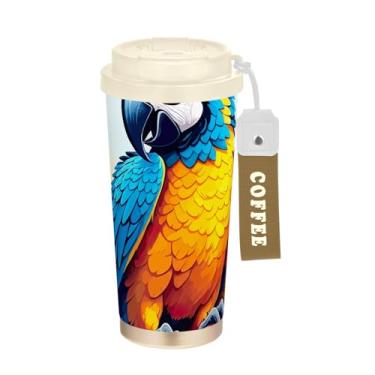 Imagem de TSENQUE Arara azul amarela arte tropical, copo de café 473 g com canudo e tampa, copo de parede dupla isolado a vácuo com revestimento cerâmico para escola, escritório, festa, acampamento
