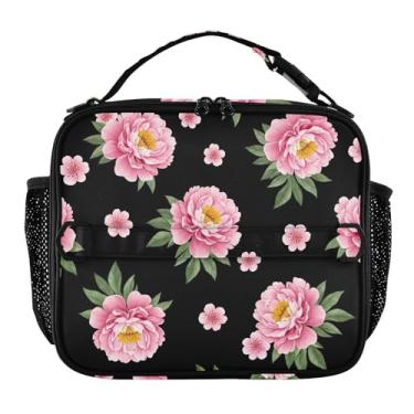 Imagem de Lancheira preta de flores de peônia floral rosa para mulheres, meninas, lancheira com alça de ombro masculina e infantil, lancheira para trabalho, escola, animal, floral, bolsa térmica