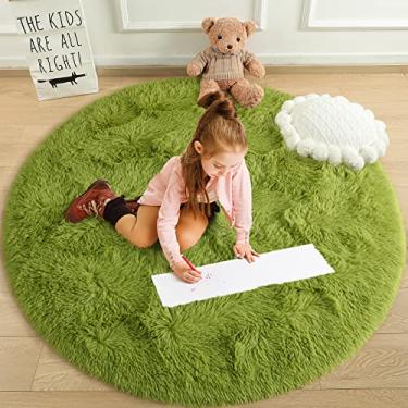 Imagem de Cydiria Tapete verde redondo para adolescentes meninas quarto de crianças, tapete fofo fofo circular área desgrenhado tapete para decoração de casa de bebê, tapetes circulares macios de 4 m para sala de estar, tapetes de castelo de princesa de pelúcia