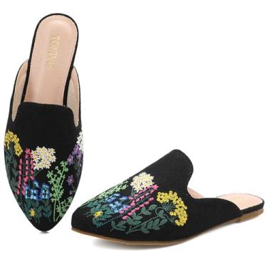 Imagem de TONIVIS Mules femininas de linho com bordado – Sapatilhas respiráveis sem cadarço, mocassins confortáveis sem costas nuas para trabalho, viagens e uso casual, Linho preto – Bordado floral, 38