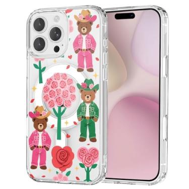 Imagem de OFQKOAKS Capa para iPhone 16 Pro, compatível com MagSafe, linda capa de celular romântica cowboy urso rosa magnética dia dos namorados, capa protetora fina e transparente para amantes