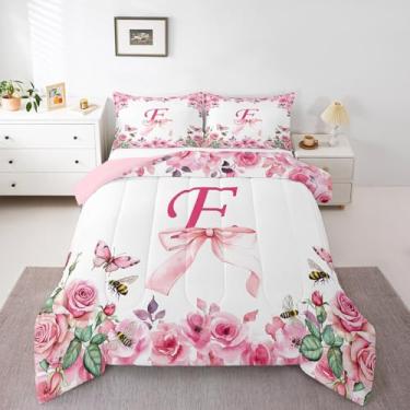 Imagem de Erosebridal Conjunto de edredom com inicial A-Z para crianças, meninos e meninas, com letra E, edredom floral com laço, alfabeto rosa romântico, reversível, com 1 fronha, quente, solteiro