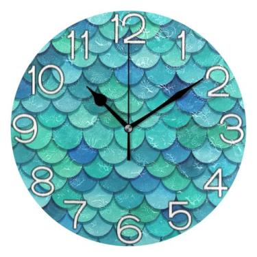 Imagem de GAIGEO Relógio de parede analógico aquarela azul verde escamas de sereia relógio decorativo de cozinha bonito operado por bateria silencioso, arte de parede moderna legal decoração de casa, 25 cm