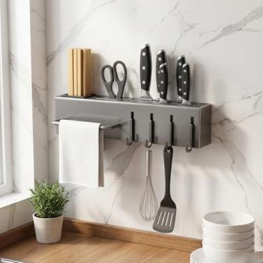 Imagem de Organizador de cozinha multifuncional montado na parede, suporte de aço carbono resistente com ganchos, suporte para pauzinhos e barra de toalha, prateleira de armazenamento de estilo japonês sem