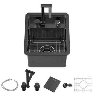 Imagem de Sarlai Pia de barra preta com torneira dobrável - Pia de cozinha preta de 33 x 38 cm, estação de trabalho em aço inoxidável, calibre 16, tigela única, feita à mão, ao ar livre, com tampa