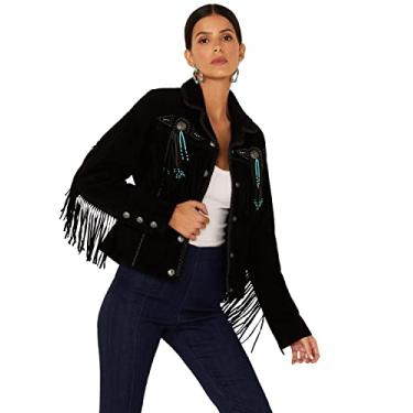 Imagem de Jaqueta feminina Scully de camurça e franja de couro Plus – L152-27-Plus, Preto, X-Large