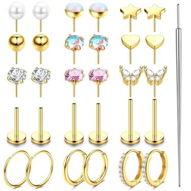 Imagem de ZZHDCC Brincos de nariz de ouro 14K para mulheres de aço cirúrgico push in Flat Back Brincos 20G 18G Argolas de nariz CZ Labret Threadless Nose Studs cartilagem hélice concha narina tragus piercing