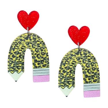 Imagem de TIANBANGSHI Brincos de giz de cera de madeira para mulheres, feitos à mão, engraçado, livro de lápis de maçã, coração, arco-íris, brincos pendentes para professores de volta às aulas, formatura, joias