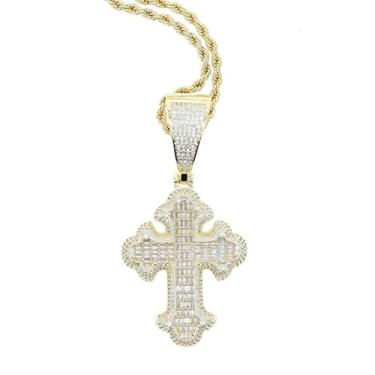 Imagem de Colar com pingente de cruz vintage hip hop, joia de zircão branco quadrado brilhante, 2.5inch, Latão, Zircônia cúbica