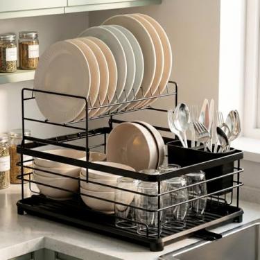 Imagem de Decolab Escorredor de Louça Duplo Com Bandeja Escoamento Automático 360°- Porta Talheres, Compacto (Preto, 1 Andar)