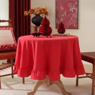 Imagem de HAIRUO Toalha de mesa vermelha redonda de algodão para casa de fazenda para festas de casamento, cozinha, piquenique, decoração de casa (vermelha, redonda, 119 cm)