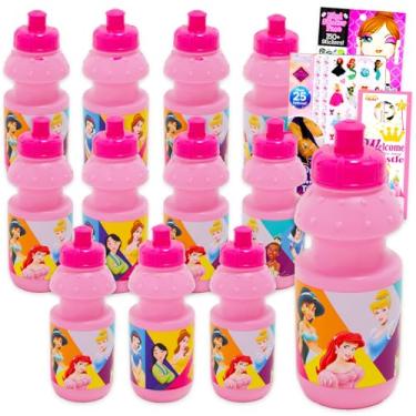 Imagem de Disney Garrafas de água reutilizáveis Princess Kids de 325 ml - lembrancinha de festa de princesa Disney Pacote de 12 peças com garrafa de 325 ml com tampa superior e adesivos, tatuagens para meninas