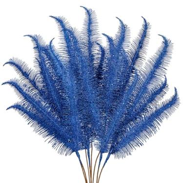 Imagem de Oairse 8 palhetas e sprays de árvore de Natal azul marinho com glitter, 71 cm, plumas com glitter, folhas, caules para árvore de Natal, galhos, grinaldas, centros de mesa, decorações de férias