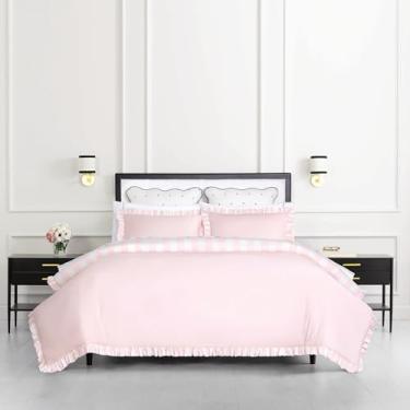 Imagem de Kate Spade New York Conjunto de edredom casal/queen com babados de cetim, 300 fios, capa reversível, para todas as estações, lavável na máquina, rosa