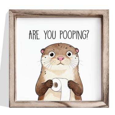 Imagem de Decoração de parede de banheiro, letreiro engraçado de lontra com papel higiênico, ilustração de animal fofo, imagem emoldurada de madeira para pendurar no banheiro ou vaso sanitário, decoração de
