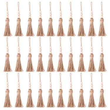 Imagem de HOVEOX 30 peças de borla de corda de juta com contas de madeira artesanato borlas chaveiro borlas para projetos de artesanato DIY decoração de festa de casamento em casa (30)