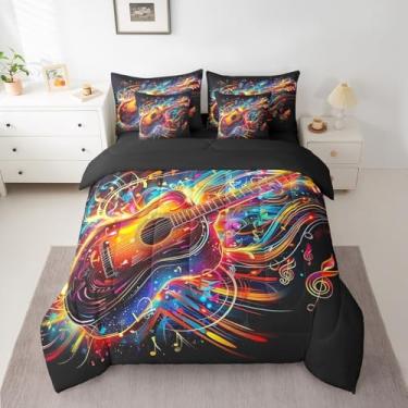 Imagem de Castle Fairy Conjunto de edredom de guitarra colorida com 7 peças, linhas geométricas abstratas, notas musicais, para crianças, adolescentes e adultos, conjunto de cama leve para todas as estações