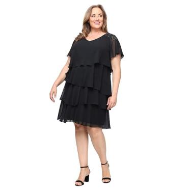 Imagem de S.L. Fashions Vestido feminino plus size de chiffon com decote em V e ombros de contas e camadas assimétricas, Preto, 25 Plus Size