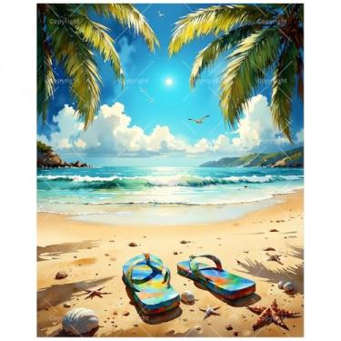 Imagem de Kit de pintura por números de praia ensolarada para adultos - Chinelos coloridos DIY em Sunny Beach Shore pintura em tela 40,6 x 50 cm, conjunto de tinta acrílica emoldurada, adequado para iniciantes