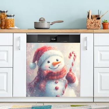 Imagem de xigua Linda capa magnética de boneco de neve de Natal, adesivos magnéticos decorativos antiarranhões para painel de geladeira e lava-louças, decoração personalizada de cozinha doméstica 58 x 66 cm