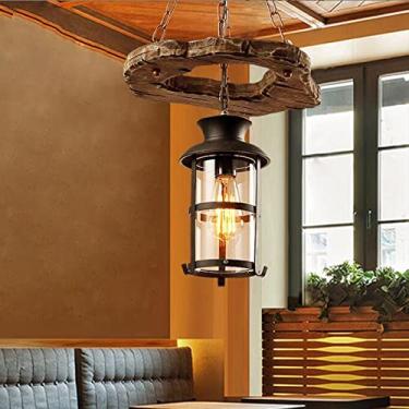 Imagem de Luminária pendente vintage de madeira E27, estilo rústico, com altura ajustável, em metal, estilo industrial, ideal para sala de jantar, quarto, cozinha, ilha, hall de entrada, casa de campo